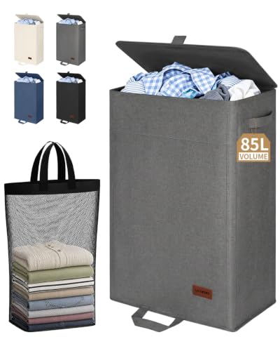 85L Laundry Hamper with Lid, Tall Dirty Clothes Hamper, Grey | Foot Loop & Removable Bag Easy to Lift and Carry, Tall & Collapsible Laundry Basket for Bathroom, Bedroom, Laundry Room, Dorm - color: Grey