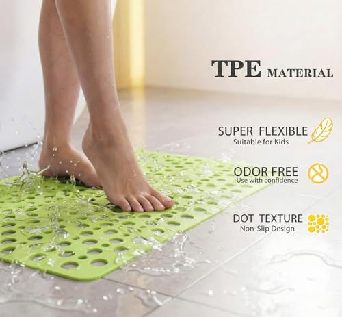 Nonslip Bathtub Mat Extra Soft TPE Bath Mat for Kids, Machine Washable Bathroom Shower Mat, Smooth/Non-Textured Tubs Only, 30L x 17W Inch (Green) - color: Green, size: 30" x 17" (Rectangular)