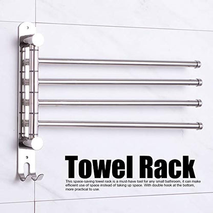 4 Rods Swivel Towel Rack, 13.8inch Stainless Steel Swing Out Towel Holder Wall Mounted Towel Holder with Hook for Kitchen, Bathroom, Outdoor