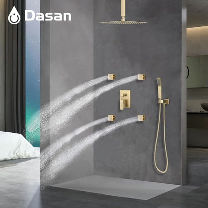 Brushed Gold Shower System with 4 PCS Shower Body Spray Jets & 12’’ Ceiling Shower Head & Handheld Spray, DASAN Full Body Shower Faucet System with Jets Rainfall Shower Combo Set, SA-SS03BBG-S12C - color: Brushed Gold