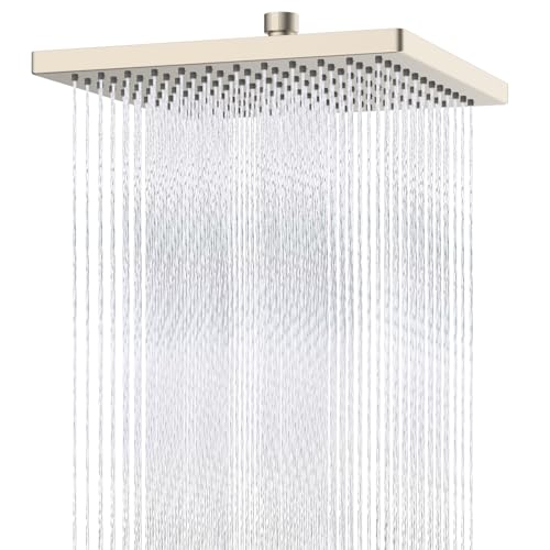 Hibbent cUPC Certified High Pressure 12'' Rain Shower Head, Brushed Nickel | Thickness Metal Showerhead, Square Large Bathroom Rainfall Shower Head, Adjustable Brass Ball, Waterfall Full Body Coverage - color: Brushed Nickel, style: Square 12''