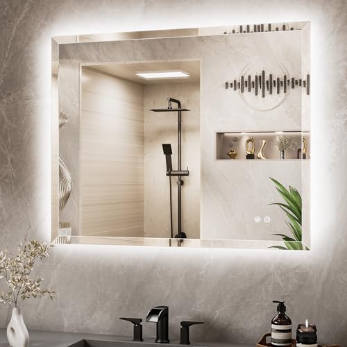 40 x 32 Backlit Mirror Bathroom, LED Vanity Mirror with Beveled Edge, Safe Tempered Glass, 3 Color Temperature, Anti-Fog, Dimmable, Smart Bathroom Mirror, Wall-Mounted Vanity Mirrors - size: 32"L x 40"W