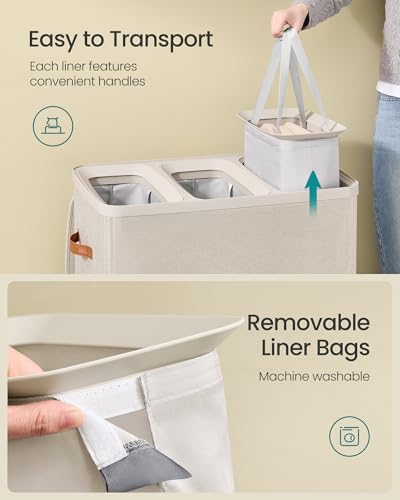 SONGMICS Laundry Basket, 50.2 Gal. Laundry Hamper, 3 Compartments, Easy Assembly, with Lid and Handles, Removable Liners, 25.2 x 15.7 x 29.5 Inches, Cappuccino Beige ULCB814LH01 - color: Cappuccino Beige, size: 190 L (3-Section)