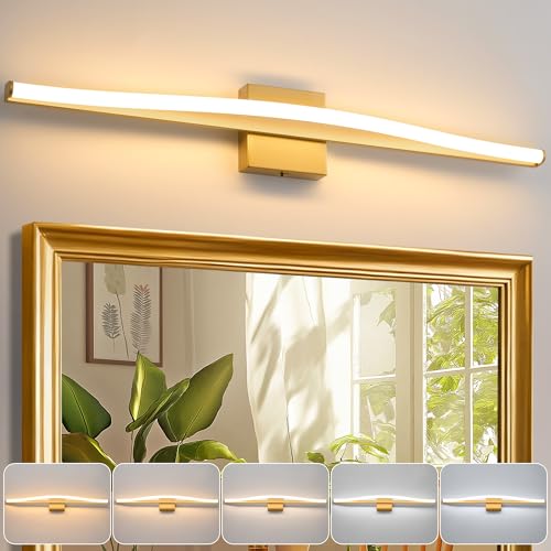Modern Bathroom Vanity Light 32 inch, Curved, Dimmable 5CCT Led Bathroom Light Fixture Over Mirror, Gold Bar Vanity Light for Bathroom Mirror Cabinets-ETL Certificated Modern LED Vanity Makeup Lights - color: Matte Gold, size: 31.5 inch