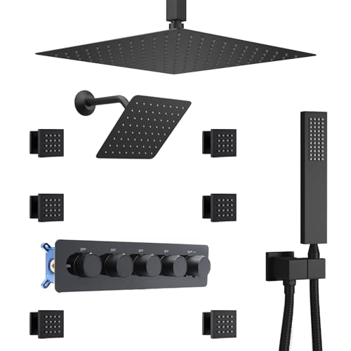 Thermostatic Shower System Dual 16" Ceiling & 8" Wall Mounted Rain Shower Heads, 4 Function, Matte Black - color: Matte Black
