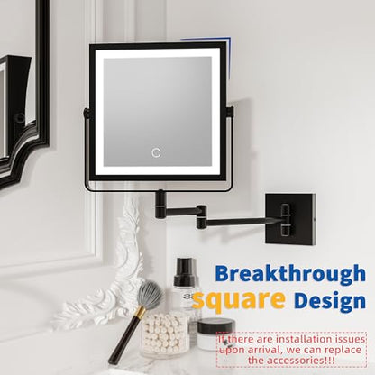 Ruacq Wall Mounted Makeup Mirror with Lights 1X/10X Dual Sided Matte Black | 8",4000mAh Rechargeable,Magnification,3 Color,Touch Screen Dimmable,360° Rotation Extension Foldable Arm, Square, Women Gift - color: Matte Black