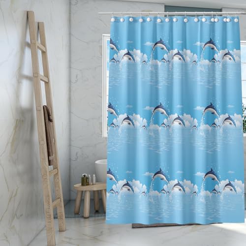 TIKABC Shower Curtain Liner, 4G PEVA Blue Dolphin Shower Liner, Plastic Waterproof Shower Curtains, 72x72 inch with Grommet Holes 3 Magnetic Weights - color: Blue Dolphin
