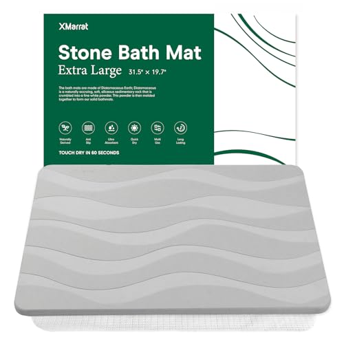 Extra Large Stone Bath Mat, Diatomaceous Earth Mat, 31.5"x19.7" | Super Absorbent, Modern Quick Drying Diatomite Bathmats, Non-Slip Base, Easy Clean for Shower Floor & Bathroom (Light Gray) - color: Light Grey Wave, size: 31.5" x 19.7" (Rectangular)