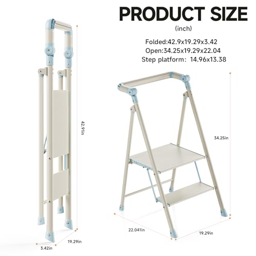 Foldable Toddler Tower, 2-Step Kids Step Stool with Safety Rail, Compact Folding Toddler Standing Stool for Kitchen, Bathroom and Home, Step Ladder for Toddlers and Adults - color: Sea Salt Blue