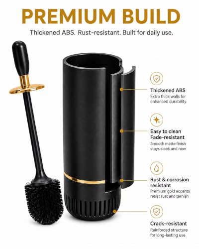 Toilet Brush Set, Dense Nylon Bristles, Wall Mount, Non-Scratch, Black Gold | 16.5" Handle,Splash-Proof,Odor-Locking Lid ,Ventilated Base,Hideaway Brush Head,Thick ABS,2 Adhesive - color: Black Gold