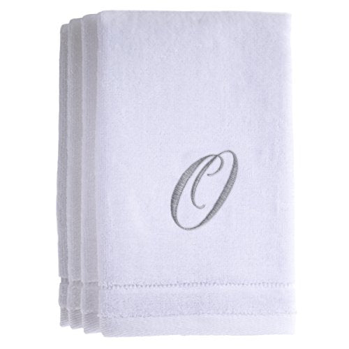Monogrammed Towels Fingertip, Personalized Gift, 11 x 18 Inches - Set of 4- Silver Embroidered Towel - Extra Absorbent 100% Cotton- Soft Velour Finish - For Bathroom/ Kitchen/ Spa- Initial O (White) - color: O