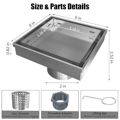 Tile-in Square Shower Drain 6 Inch with Hair Strainer, Brushed | SUS 304 Stainless Steel, Removable Grate & Hair Strainer Design, for Bathroom, Kitchen, Balcony, Garage, Basement, Toilet - color: Brushed Stainless Steel, size: 6-Inch