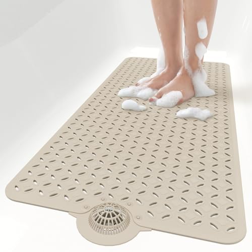OTHWAY Bath Mat for Tub Non Slip: 39" X 17" Long Bathtub Mat with Hair Catcher│Big Drain Holes Shower Mats for Inside Shower│Machine Washable (Brown) - color: Brown
