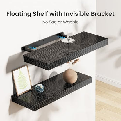 AMADA HOMEFURNISHING Floating Shelves Black, Wall Shelves with Invisible Brackets for Bedroom, Bathroom, Living Room, Kitchen, Set of 3 - AMFS07 - color: Black, size: 15.7 Inches