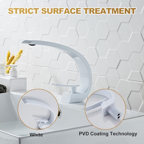 White Finish Bathroom Sink Faucet,Unique Design and Pop Up Drain - color: White