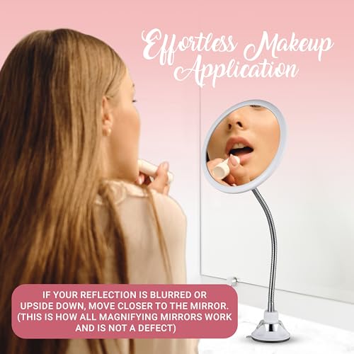 Flexible 10X Gooseneck Magnifying Mirror, 6.7" x 6.7" (Round) | Adjustable Gooseneck Magnifying Makeup Mirror Non Lighted with Suction Cup - Mount on Table or Wall for Vanity & Bathroom Use