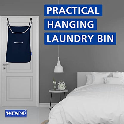 WENKO Laundry Hamper Bag Hanging, Over The Door Basket with Hooks, for Bathroom, Closet, Space Saving Storage, Wall mounted 3.94 x 20.47 x 31.89 in, Navy - color: Navy