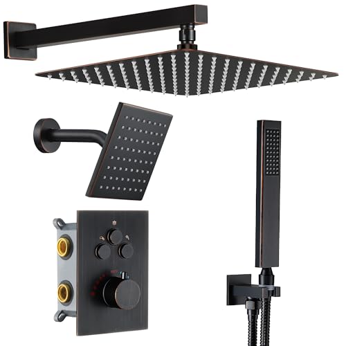 Thermostatic Dual Shower System, Shower Faucet(Oil Rubbed Bronze) | 12 Inch Shower Head, 6 Inch Wall Mount Head, High Pressure Handheld Sprayer, Push Button Valve - color: Oil Rubbed Bronze