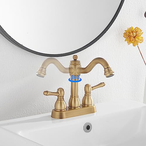 Antique Brass Bathroom Faucet 2 Handles 4 Inches Centerset RV Bathroom Vanity Faucet with Drain Assembly and Supply Hose Lavatory Faucet - color: Antique Brass, size: Centerset