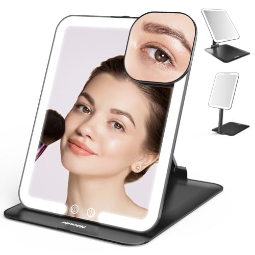 Mocado Travel Makeup Mirror with Light, Foldable Lighted Makeup Mirror | 8x6 Inches, 3 Colors Lighting, Height & Angle Adjustable, 0-100% Brightness, 2000mAh Rechargeable, Memory Function(Black) - color: Black, size: 8"L x 6"W