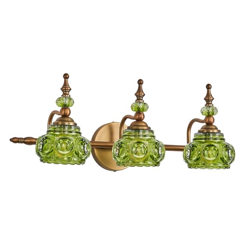 Vintage 3-Light Bathroom Vanity Light Fixtures, Modern Brass Vanity Wall Sconces Over Mirror with Green Glass Shade for Bathroom Bedroom Living Room - color: Green, size: 3-Light (1-Pack)