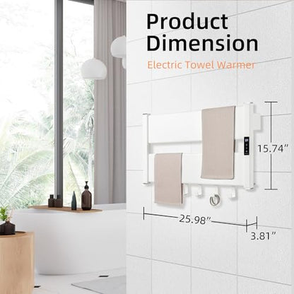 K&KALONZO Electric Heated Towel Rack, 2-Min Heat, Plug-in/Hardwired, H2-W | Wall Mounted, 10 Timers & 3 Heat Levels, 2H Rapid Dry, Anti-Scald, Aerospace Aluminum Towel Warmer for Bathroom, 4 Hooks, - color: White, size: 2-Bar