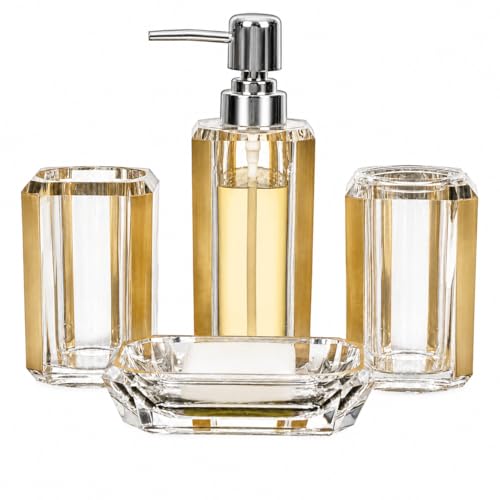 LGURT 4pc Crystal Clear Acrylic Bathroom Set, Brushed Gold Soap Dispenser | Soap dish, rinse cup & holder, with brushed gold accent. For apartment, guest bath, or vanity countertop. - color: Gold