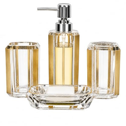 LGURT 4pc Crystal Clear Acrylic Bathroom Set, Brushed Gold Soap Dispenser | Soap dish, rinse cup & holder, with brushed gold accent. For apartment, guest bath, or vanity countertop. - color: Gold