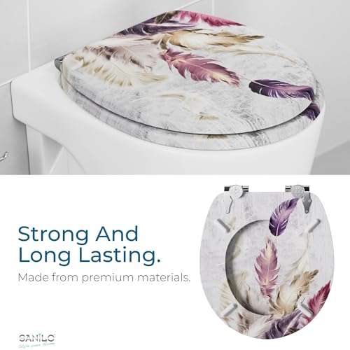 SANILO Wooden Toilet Seat with Soft Close [ROUND] - Decorative, Quiet & Slow Close Molded Wood Seat - With Strong Bumpers & Hinges - Adjustable Fit – Feathers - color: Feathers