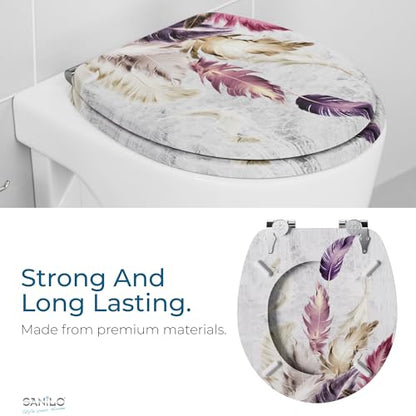 SANILO Wooden Toilet Seat with Soft Close [ROUND] - Decorative, Quiet & Slow Close Molded Wood Seat - With Strong Bumpers & Hinges - Adjustable Fit – Feathers - color: Feathers
