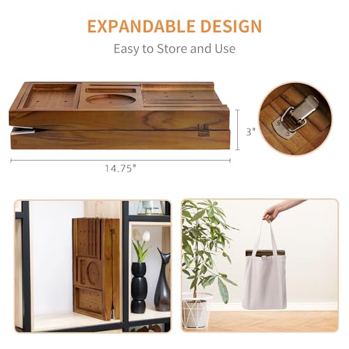 Luxury Teak Bathtub Tray - Foldable Bath Caddy with Expandable Handles, Wine Glass & Phone Holder, Book Stand - Enhance Home Spa Experience with Natural Material - Relaxing & Reading, Teak - color: Teak