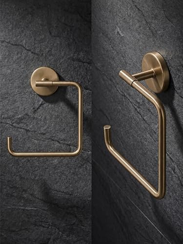 Hand Towel Holder Champagne Bronze Towel Racks for Bathroom Wall Square Towel Ring Holder for Bath Towel Hanger for Kitchen, Bathroom Accessories (Squre (Screw))