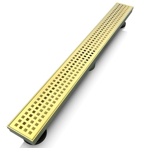 WEBANG 24 Inch Linear Shower Drain Rectangular Floor Drain with Accessories Square Hole Pattern Cover Grate Removable SUS304 Stainless Steel CUPC Certified Brushed Gold - color: Brushed Gold, size: 24 Inch