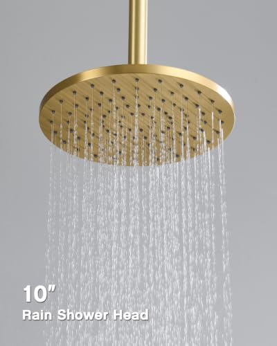 Iriber Brushed Gold Shower head with Handheld,8"+10" Rain Shower Faucet Set | 10 Inch Ceiling +8 Inch Wall Mount Dual Shower Heads,Push Button Diverter Shower System,Pressure Balance Valve - color: Brushed Gold 06