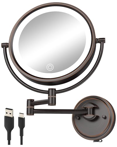 10" Brass Large Wall Mounted Makeup Mirror with Extension Arm Lighting | Rechargeable 1/5X Double-Sided 3 Color Touch Dimmable Antique Swing Arm 360 Rotation for Bathroom, Oil Rubbed Bronze - color: Oil Rubbed Bronze