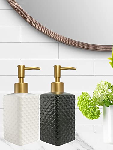 Chic Unique White Soap Dispenser for Bathroom with Golden Pump,Lotion Dispenser, Refillable Countertop Ceramic Hand Dispenser,Dish Dispenser for Kitchen 350ml(White Square Bottle) - color: White Square Bottle