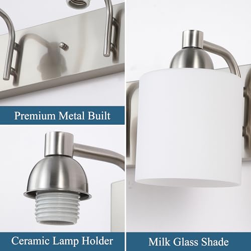 Mecgirn Stainless Steel Milk Glass Bathroom Vanity Light Over Mirror, 3 Light Brushed Nickel Bathroom Light Fixtures with Frosted Glass, Modern Vanity Lighting Wall Mount - color: Brushed Nickel, size: 3 Light