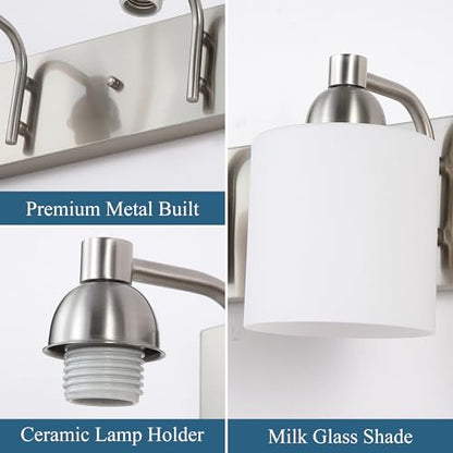 Mecgirn Stainless Steel Milk Glass Bathroom Vanity Light Over Mirror, 3 Light Brushed Nickel Bathroom Light Fixtures with Frosted Glass, Modern Vanity Lighting Wall Mount - color: Brushed Nickel, size: 3 Light