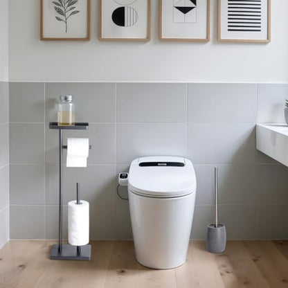 Clasin Home Black Toilet Paper Holder Stand with Metal Top Shelf, Free Standing Bathroom Tissue Roll Holder with Weighted Base and Storage for 4 Rolls - color: Black