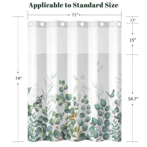 No Hook Eucalyptus Shower Curtain with Snap in Liner, 71x74 Inch | Double Layer Waterproof Bath Curtain with Mesh Top, Soft Green Botanical Leaf & Butterfly Print for Modern Farmhouse Bathroom - color: Eucalyptus