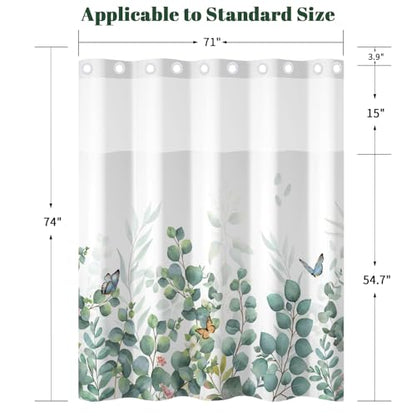 No Hook Eucalyptus Shower Curtain with Snap in Liner, 71x74 Inch | Double Layer Waterproof Bath Curtain with Mesh Top, Soft Green Botanical Leaf & Butterfly Print for Modern Farmhouse Bathroom - color: Eucalyptus