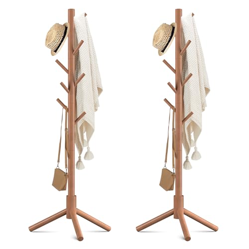 Wooden Coat Rack Free Standing with 8 Hooks 3 Adjustable Coat Tree,2 PCS | New Zealand Pine Coat Standing Tree Easy Assembly for Coats, Hats, Scarves and Handbags for Entryway,2 PCS - color: Brown, size: 2 PCS