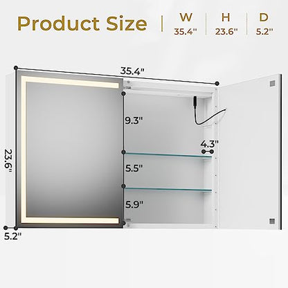 Hasuit Lighted Medicine Cabinet with Mirror, Wall Mounted Bathroom Mirror with Storage, 2 Doors Bathroom Wall Cabinet with LED Lights, 35.4'' x 23.6'' - size: 35.4'' x 23.6'' With 2 Doors