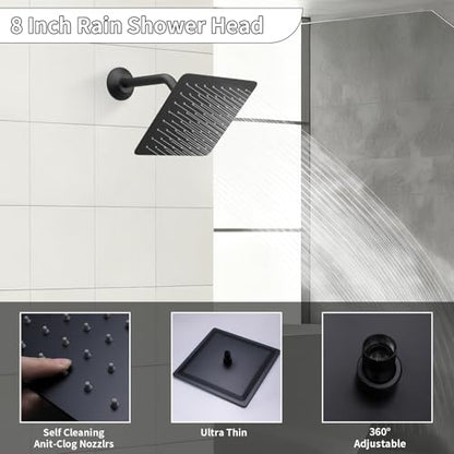 Shower Faucet Set Ceiling 20x14 inch LED Shower Head, Temperature Display Thermostatic Shower Valve, and Two 8-inch Wall Mounted Shower Heads Handheld Combination (Matte Black) - color: Matte Black