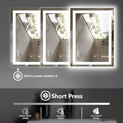 DUMOS 20"x28"1 Smart Anti-Fog LED Bathroom Mirror with Front Light & Backlit, 3 Color Temperatures, Dimmable, Memory Function, Rectangle Modern Vanity Mirror