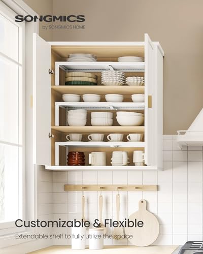 SONGMICS Spice Rack Expandable Kitchen Countertop Shelf, Metal | Small cupboard organizer, space-saving tabletop shelf, Matte White, UKCS007W01 - color: Matte White, size: Set of 1