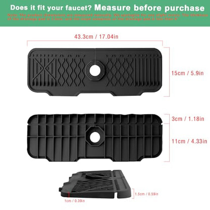 17 Inch Faucet Mat For Kitchen Sink Splash Guard Behind Faucet, ，5°Slope Fast Draining Silicone Mat , Dish Soap Sponge Holder for Bathroom Sink kitchen sink organizer (black, 17" x 6") - color: Black