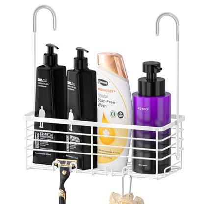 SHANSHUI Shower Caddy Hanging Bathroom Organizer Basket, Shampoo Bracket, Over Door Showers Caddy with Hooks, 304 Stainless Steel Rust Proof Rack- White - size: 10.98"D x 4.7"W x 13.6"H