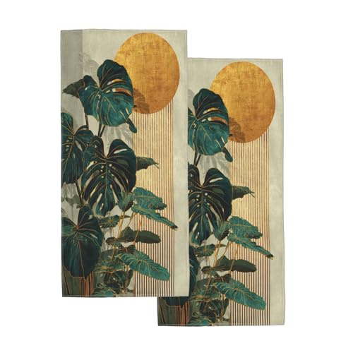 Boho Green Leaf Hand Towels Set of 2, Mid Century Modern Abstract Botanical Decorative Towels, Soft Lightweight Microfiber Absorbent Quick Dry Fingertip Towels for Bathroom Kitchen Spa Gym Home Decor - color: Boho Green Leaf