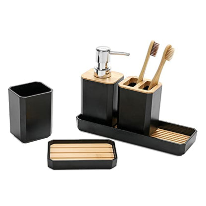 FEILANDUO Bathroom Accessories Set,5 Pcs Bathroom Accessory Gift Set, Soap Dispenser, Soap Dish, Toothbrush Holder, Toothbrush Cup, Vanity Tray, Boho, Modern Bathroom Decor (Black) - style: Black